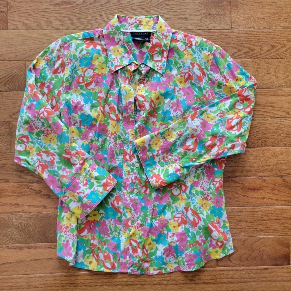 Foxcroft Floral Button-Down Shirt in Pink, Green, Yellow, Blue